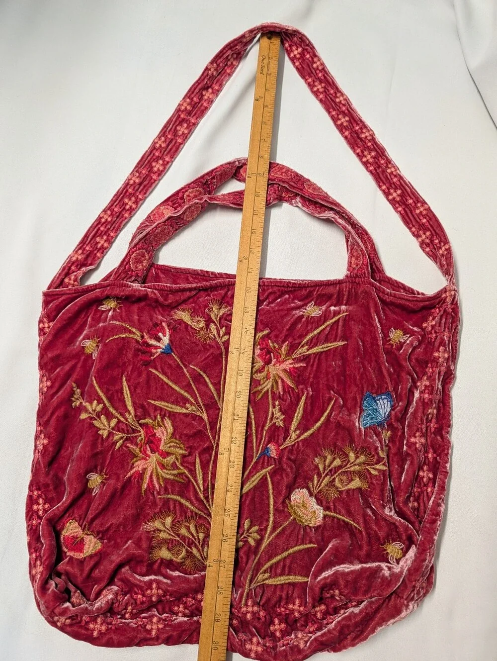 Johnny Was Aria Velvet Silk Embroidered Butterfly & Bee Floral Tote Shoulder Bag